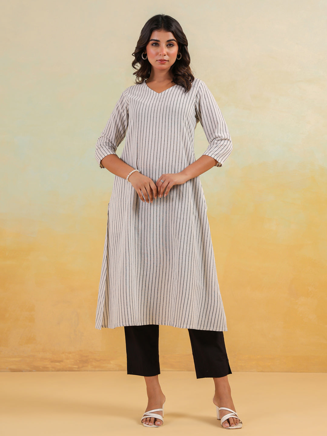 Janasya Light Cotton Striped Straight Kurta - Distacart