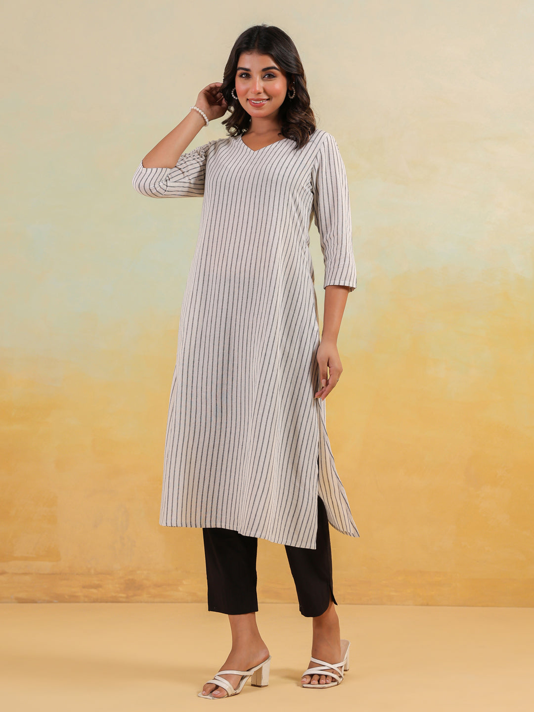 Janasya Light Cotton Striped Straight Kurta - Distacart
