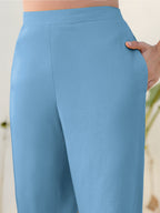 Janasya Light Blue Cotton Solid Pant - Distacart