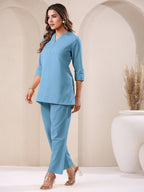 Janasya Light Blue Cotton Solid Pant - Distacart