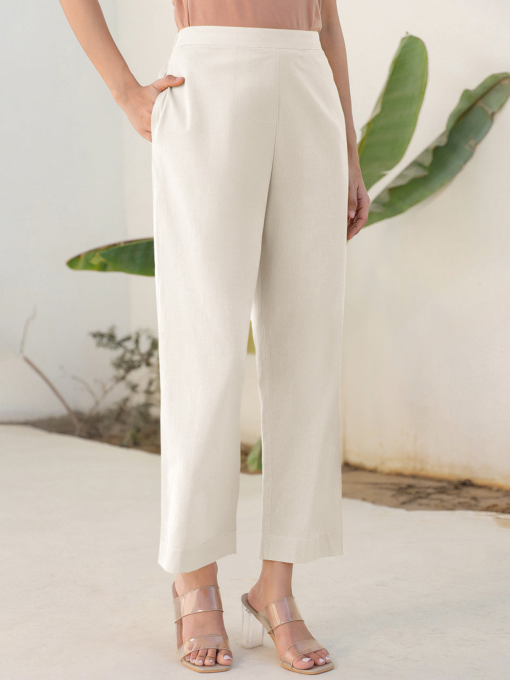 Janasya Off White Cotton Solid Pant - Distacart