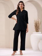 Janasya Black Cotton Solid Pant - Distacart