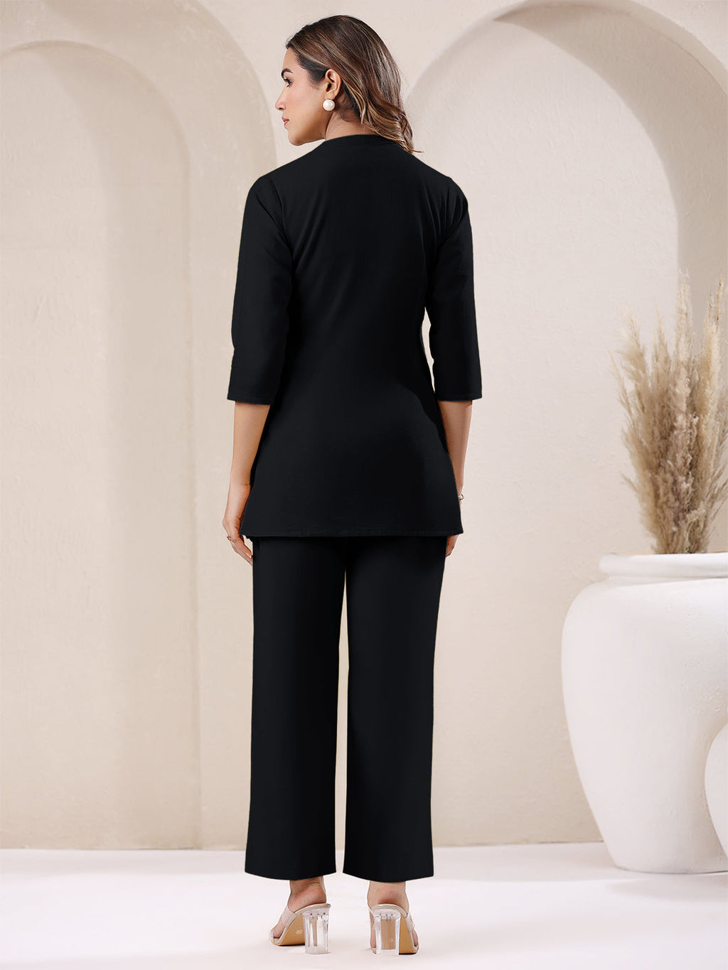 Janasya Black Cotton Solid Pant - Distacart