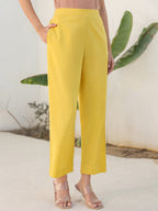 Janasya Yellow Cotton Solid Pant - Distacart