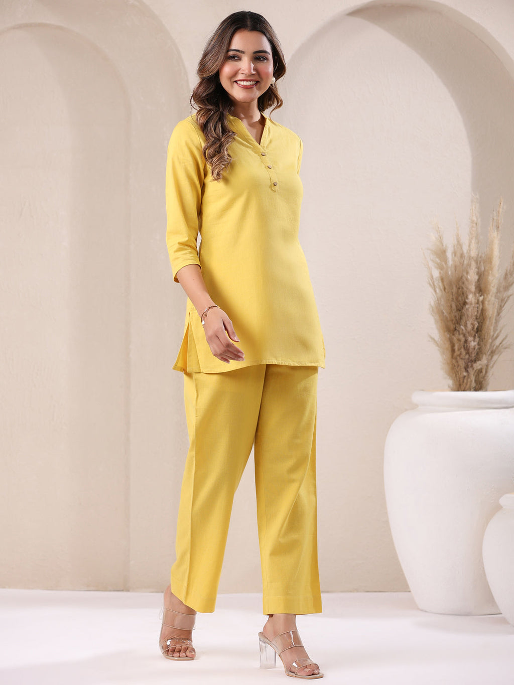 Janasya Yellow Cotton Solid Pant - Distacart