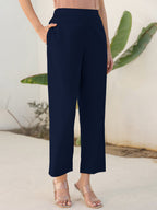 Janasya Navy Blue Cotton Solid Pant - Distacart