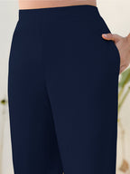 Janasya Navy Blue Cotton Solid Pant - Distacart