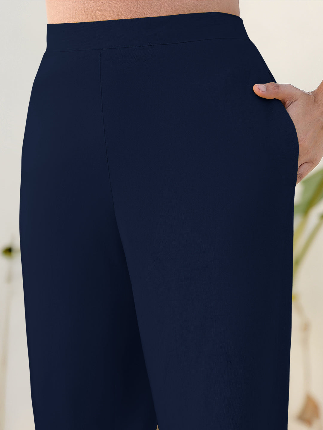Janasya Navy Blue Cotton Solid Pant - Distacart