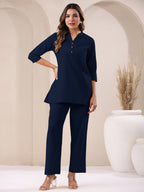 Janasya Navy Blue Cotton Solid Pant - Distacart