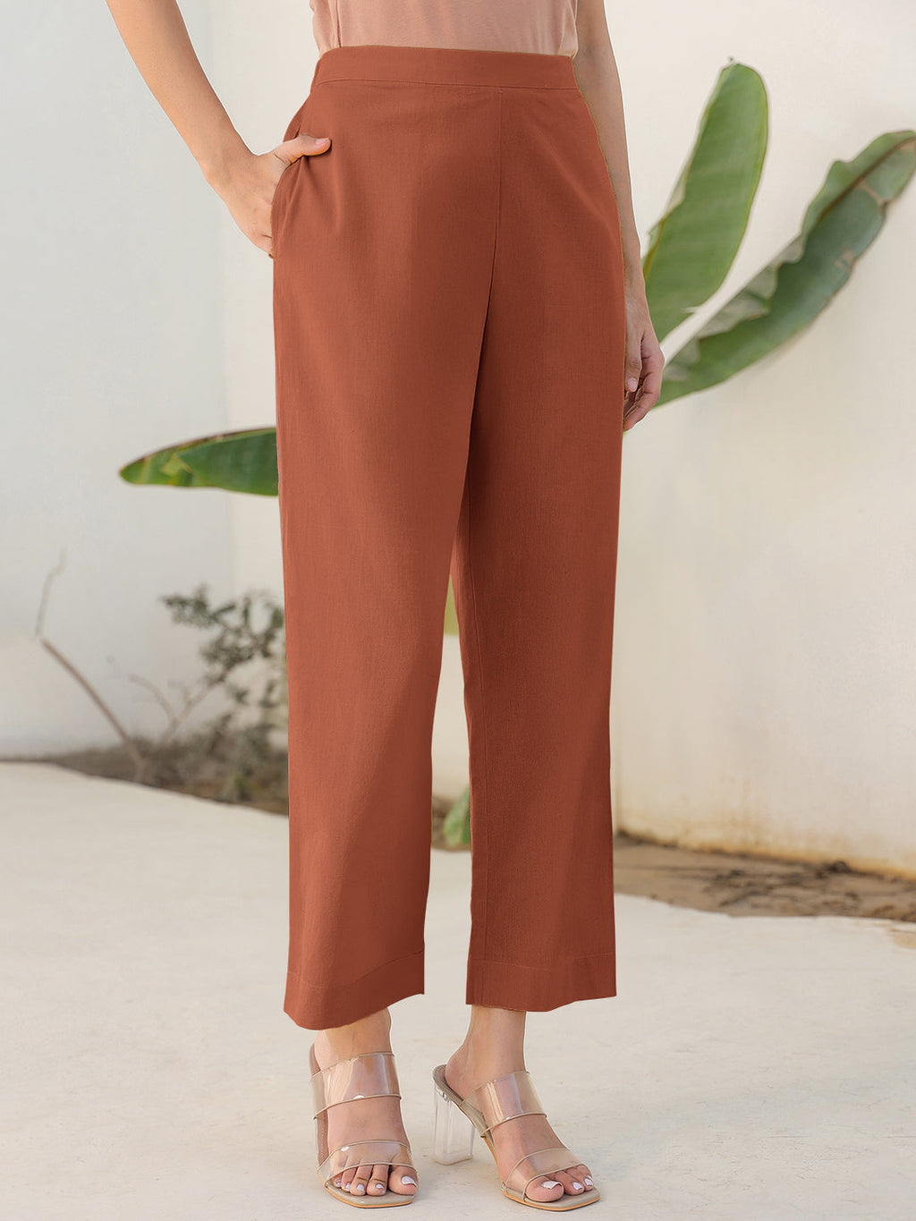 Janasya Rust Cotton Solid Pant - Distacart