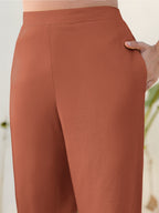 Janasya Rust Cotton Solid Pant - Distacart