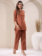 Janasya Rust Cotton Solid Pant - Distacart