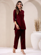 Janasya Maroon Cotton Solid Pant