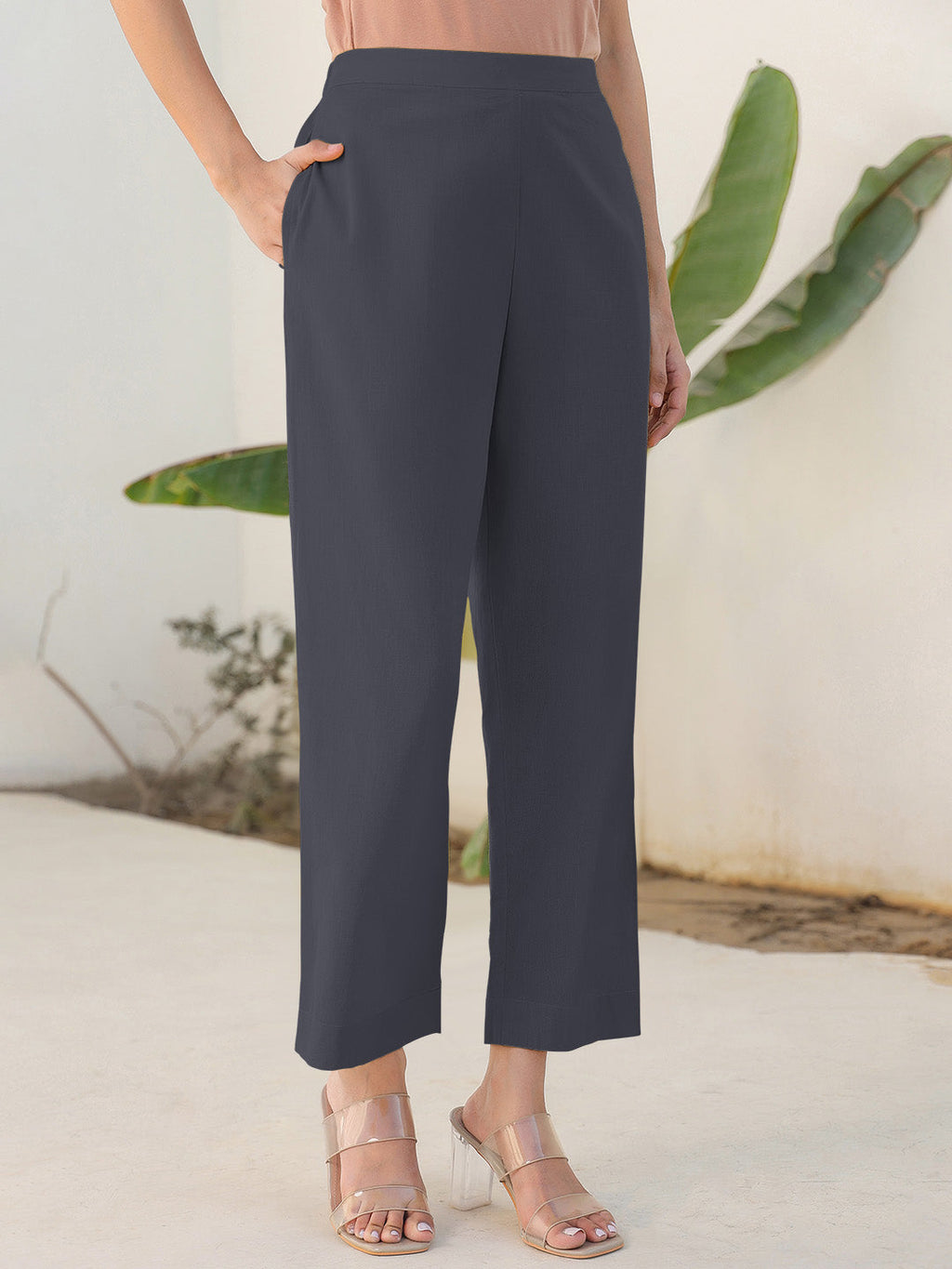 Janasya Grey Cotton Solid Pant - Distacart