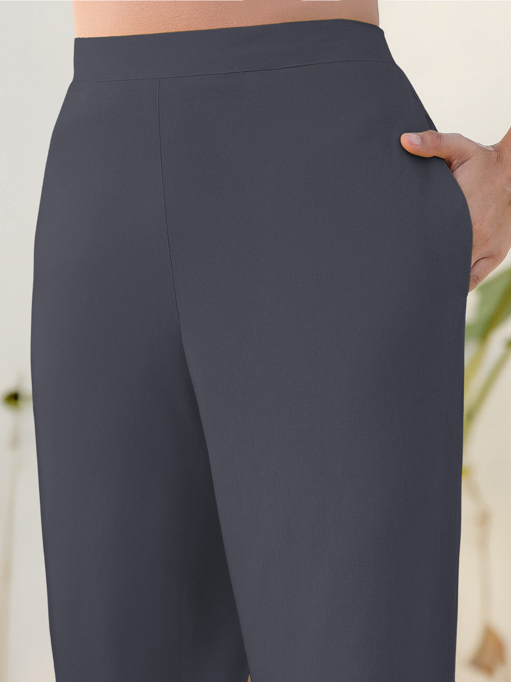 Janasya Grey Cotton Solid Pant - Distacart