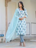 Janasya Light Cotton Floral Straight Kurta Set