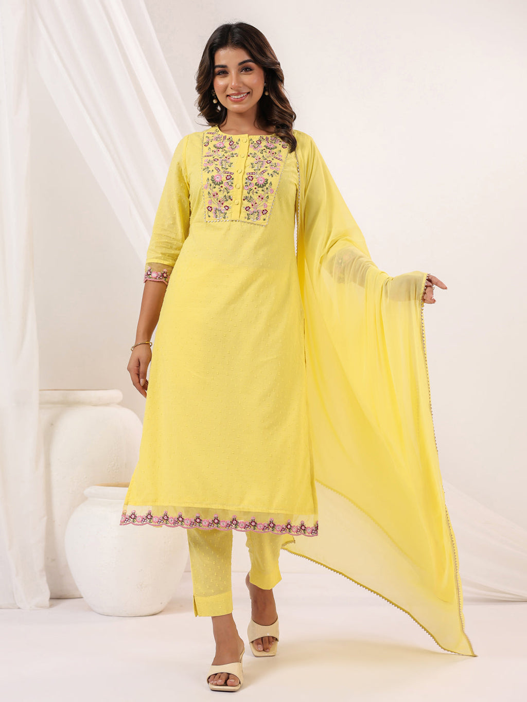 Janasya Light Dobby Cotton Embroidered Straight Kurta Set - Distacart