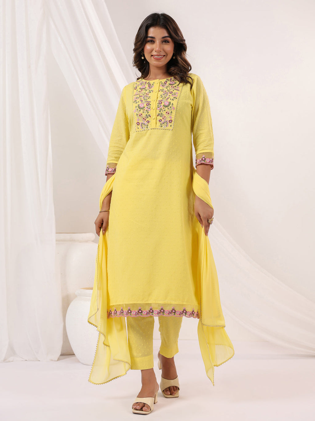 Janasya Light Dobby Cotton Embroidered Straight Kurta Set - Distacart