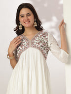 Janasya Light Dobby Cotton Embroidered A-Line Kurta Set