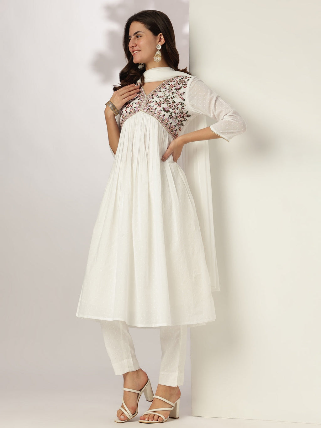 Janasya Light Dobby Cotton Embroidered A-Line Kurta Set