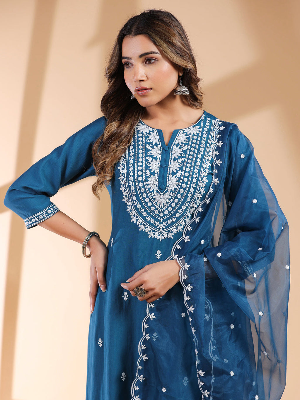 Janasya Dark Silk Blend Embroidered Straight Kurta Set - Distacart