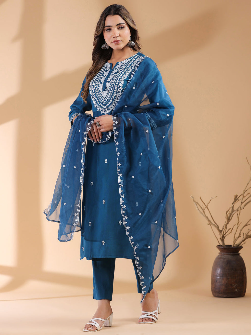 Janasya Dark Silk Blend Embroidered Straight Kurta Set - Distacart
