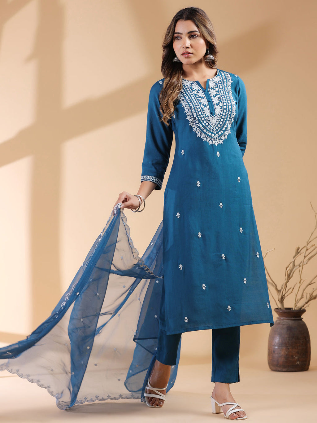 Janasya Dark Silk Blend Embroidered Straight Kurta Set - Distacart