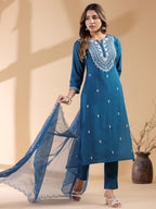 Janasya Dark Silk Blend Embroidered Straight Kurta Set - Distacart