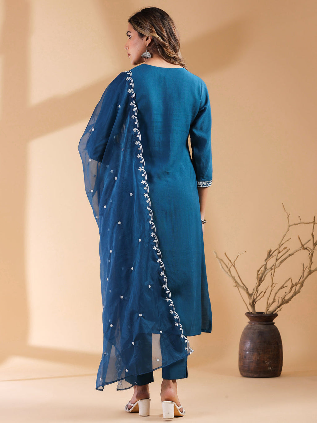 Janasya Dark Silk Blend Embroidered Straight Kurta Set - Distacart