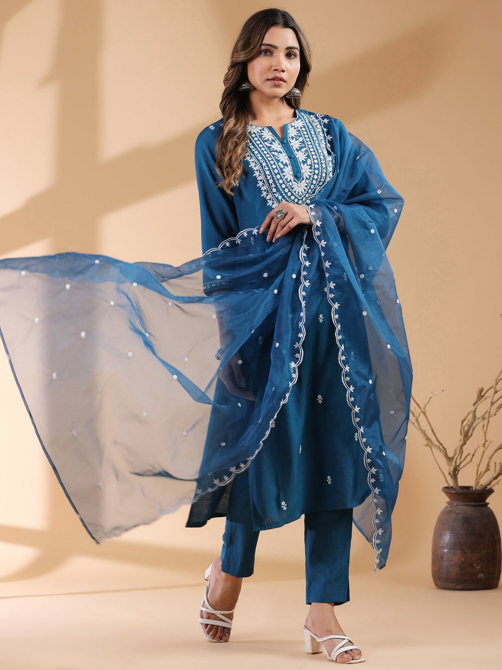 Janasya Dark Silk Blend Embroidered Straight Kurta Set - Distacart