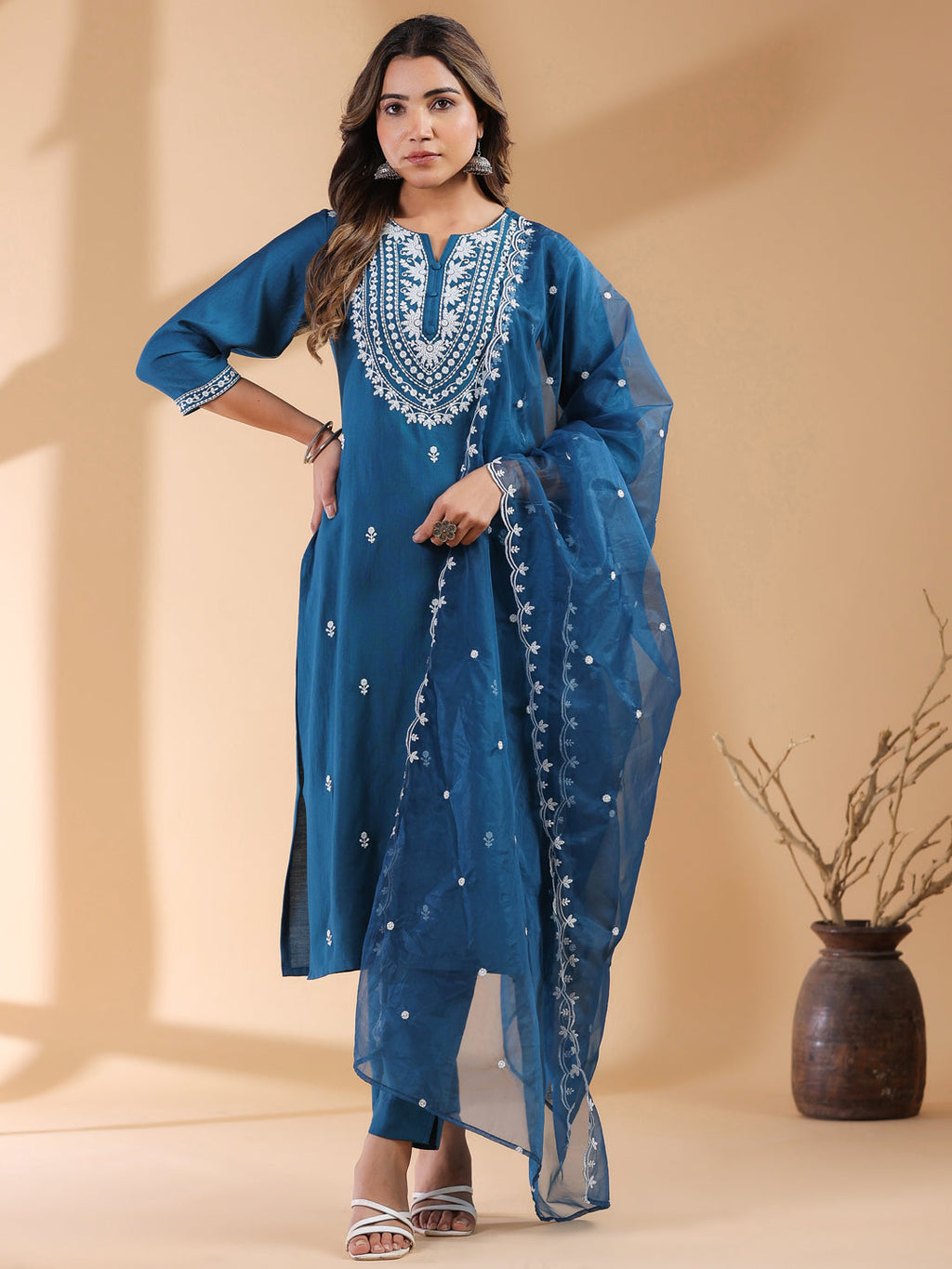 Janasya Dark Silk Blend Embroidered Straight Kurta Set - Distacart