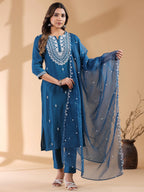Janasya Dark Silk Blend Embroidered Straight Kurta Set - Distacart
