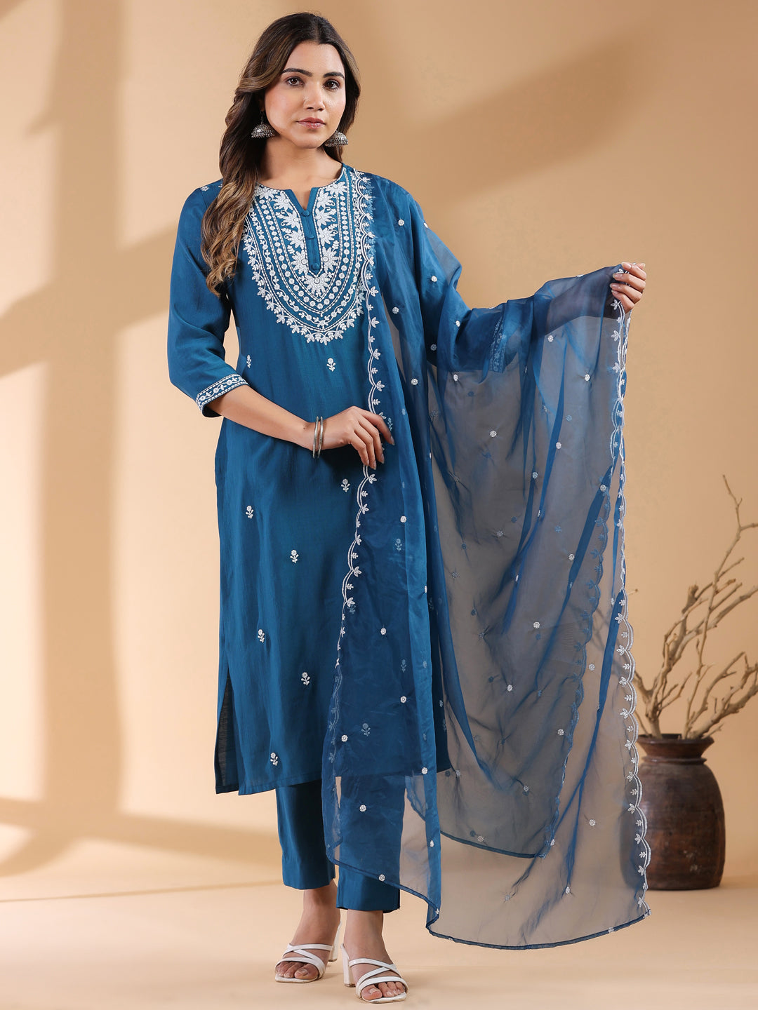 Janasya Dark Silk Blend Embroidered Straight Kurta Set - Distacart