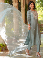 Janasya Light Silk Blend Embroidered Straight Kurta Set - Distacart