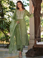 Janasya Dark Silk Blend Embroidered Straight Kurta Set - Distacart