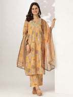 Janasya Bright Silk Blend Floral Straight Kurta Set - Distacart
