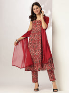 Janasya Dark Cotton Floral Tiered Kurta Set - Distacart