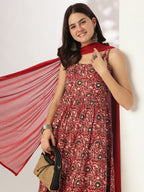 Janasya Dark Cotton Floral Tiered Kurta Set - Distacart