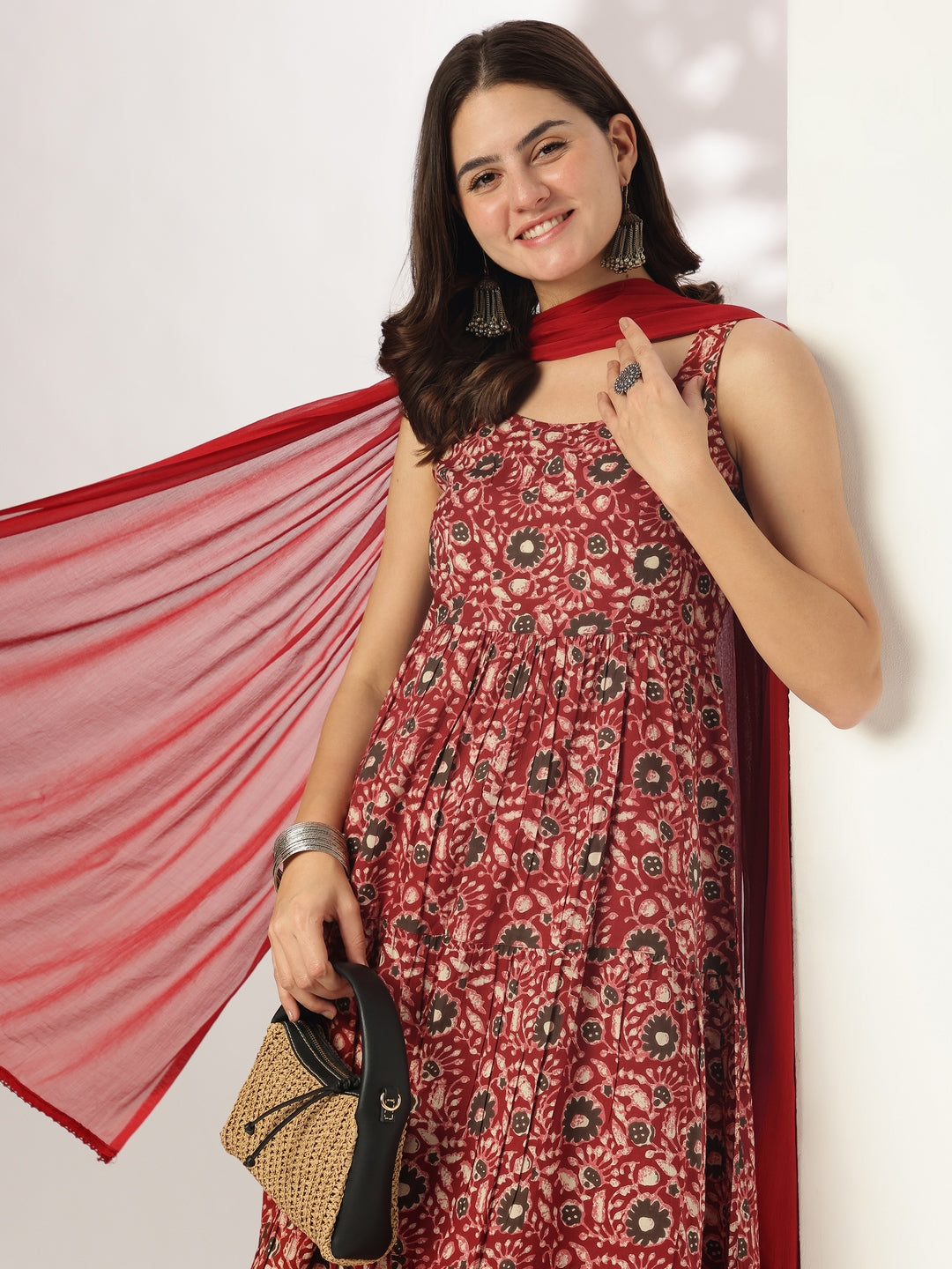 Janasya Dark Cotton Floral Tiered Kurta Set - Distacart