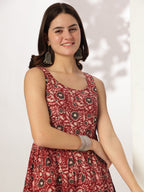 Janasya Dark Cotton Floral Tiered Kurta Set - Distacart