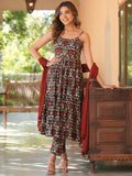 Janasya Dark Cotton Floral Tiered Kurta Set - Distacart