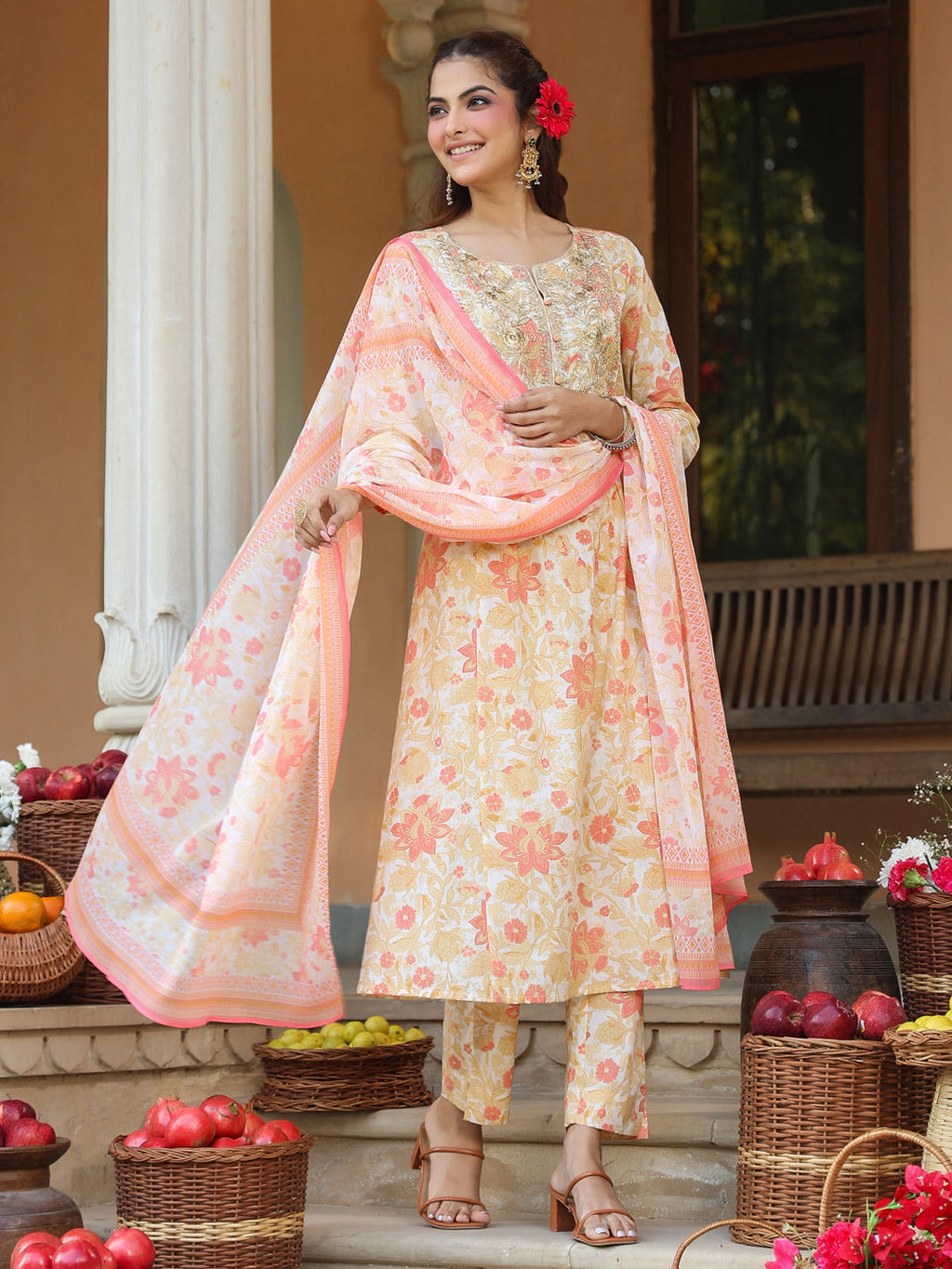 Janasya Light Cotton Floral A-Line Kurta Set - Distacart