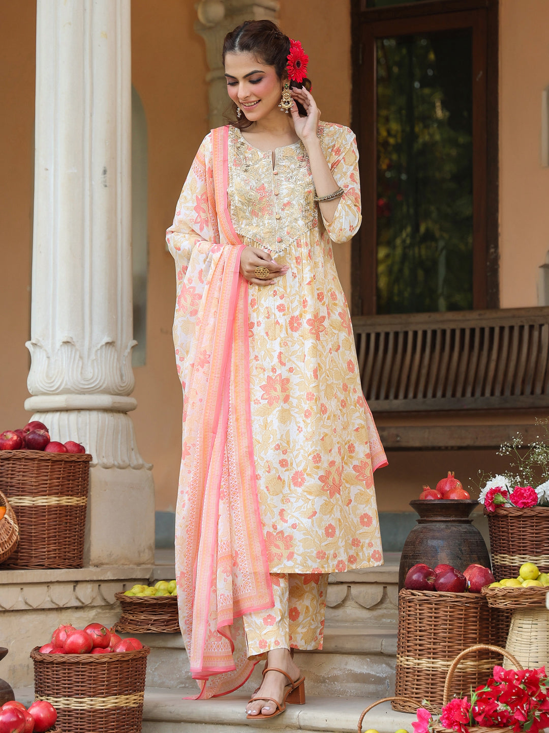 Janasya Light Cotton Floral A-Line Kurta Set - Distacart