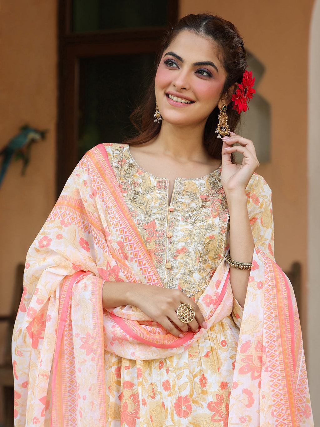 Janasya Light Cotton Floral A-Line Kurta Set - Distacart