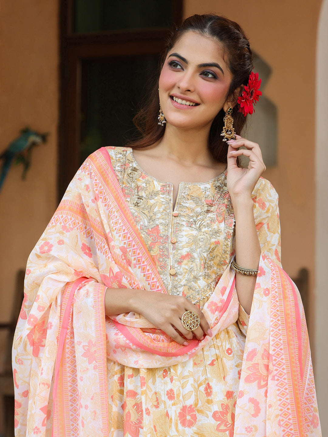 Janasya Light Cotton Floral A-Line Kurta Set - Distacart