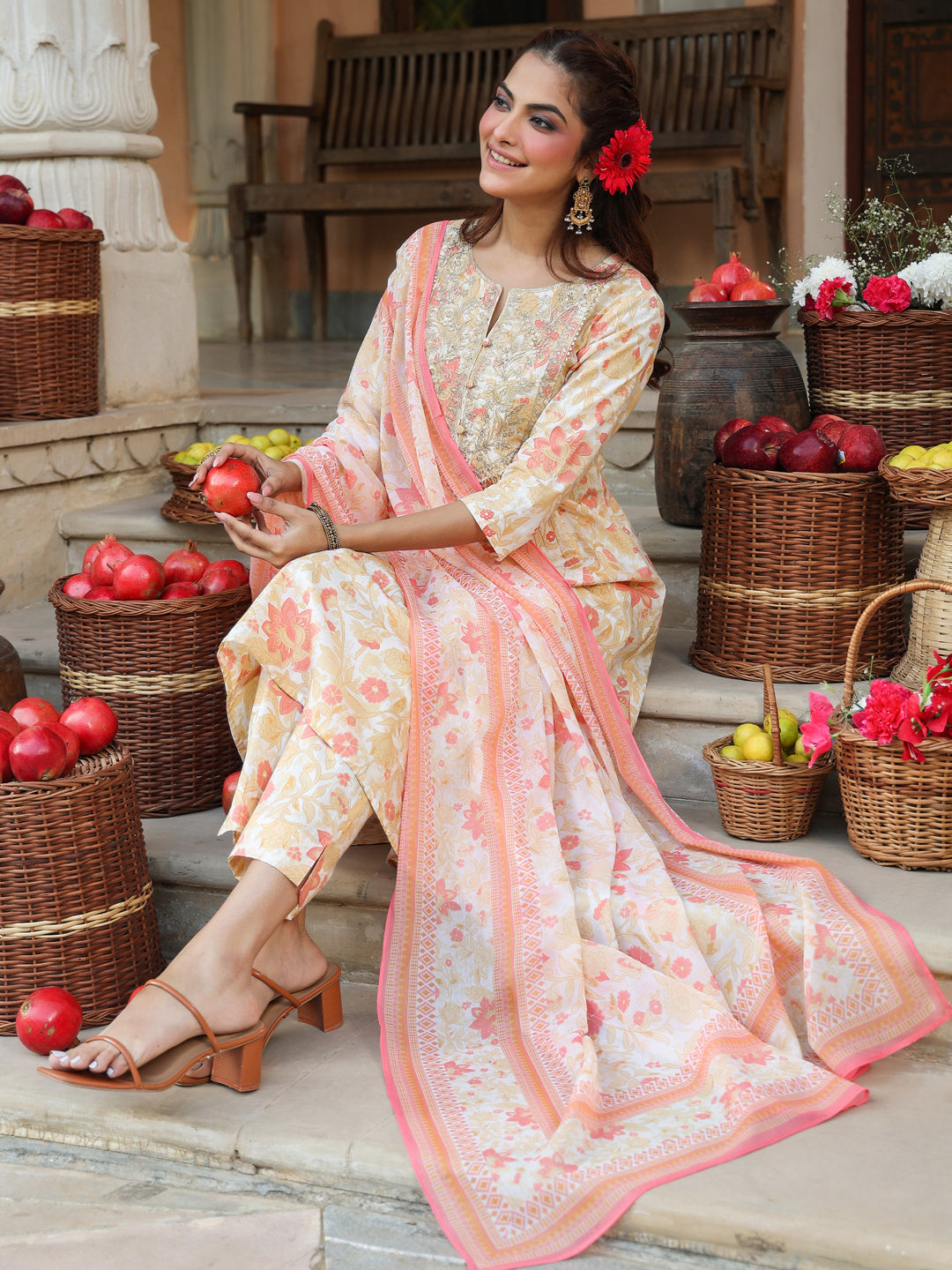 Janasya Light Cotton Floral A-Line Kurta Set - Distacart