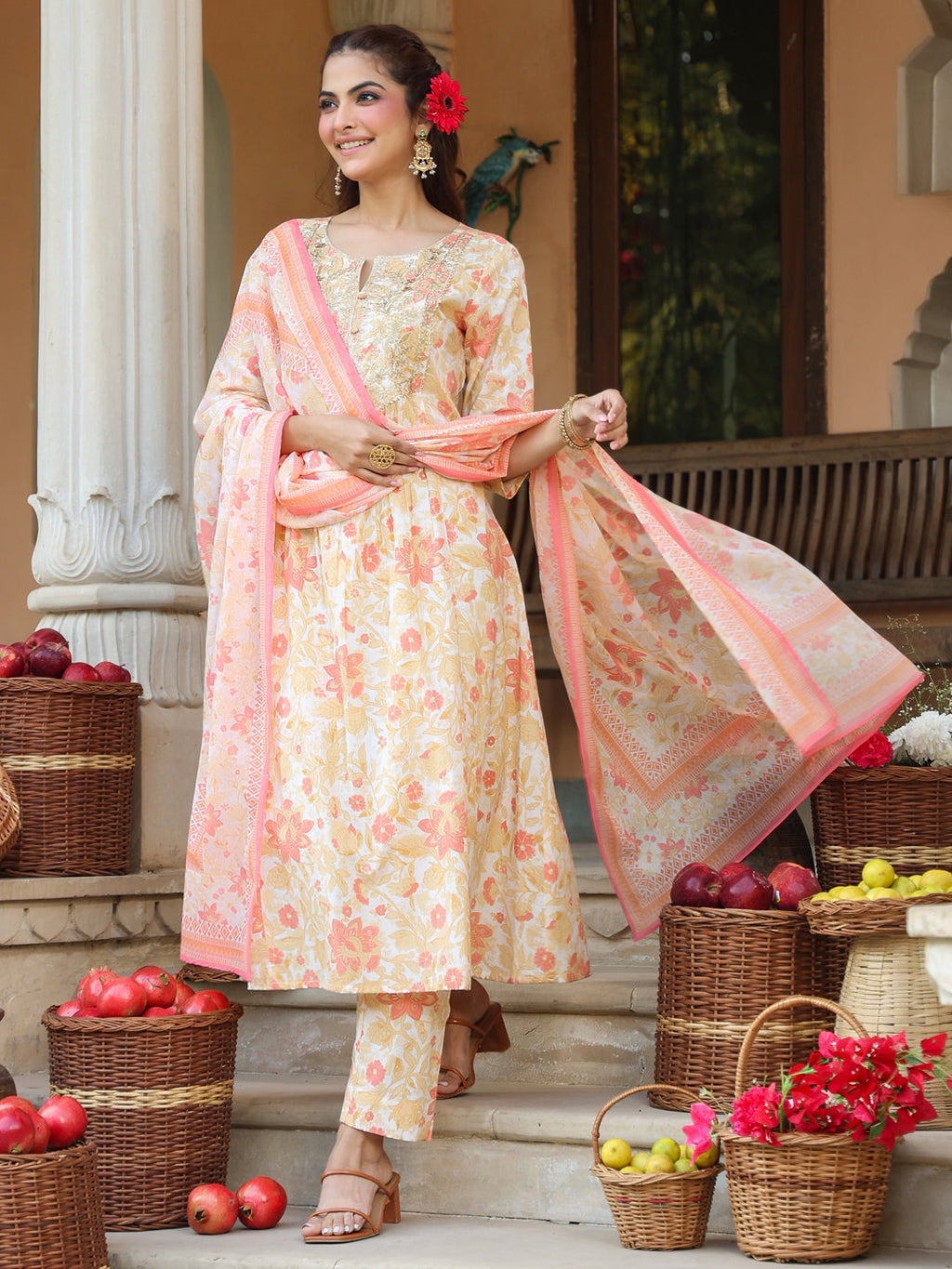 Janasya Light Cotton Floral A-Line Kurta Set - Distacart