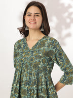 Janasya Dark Cotton Floral A-Line Kurta Set