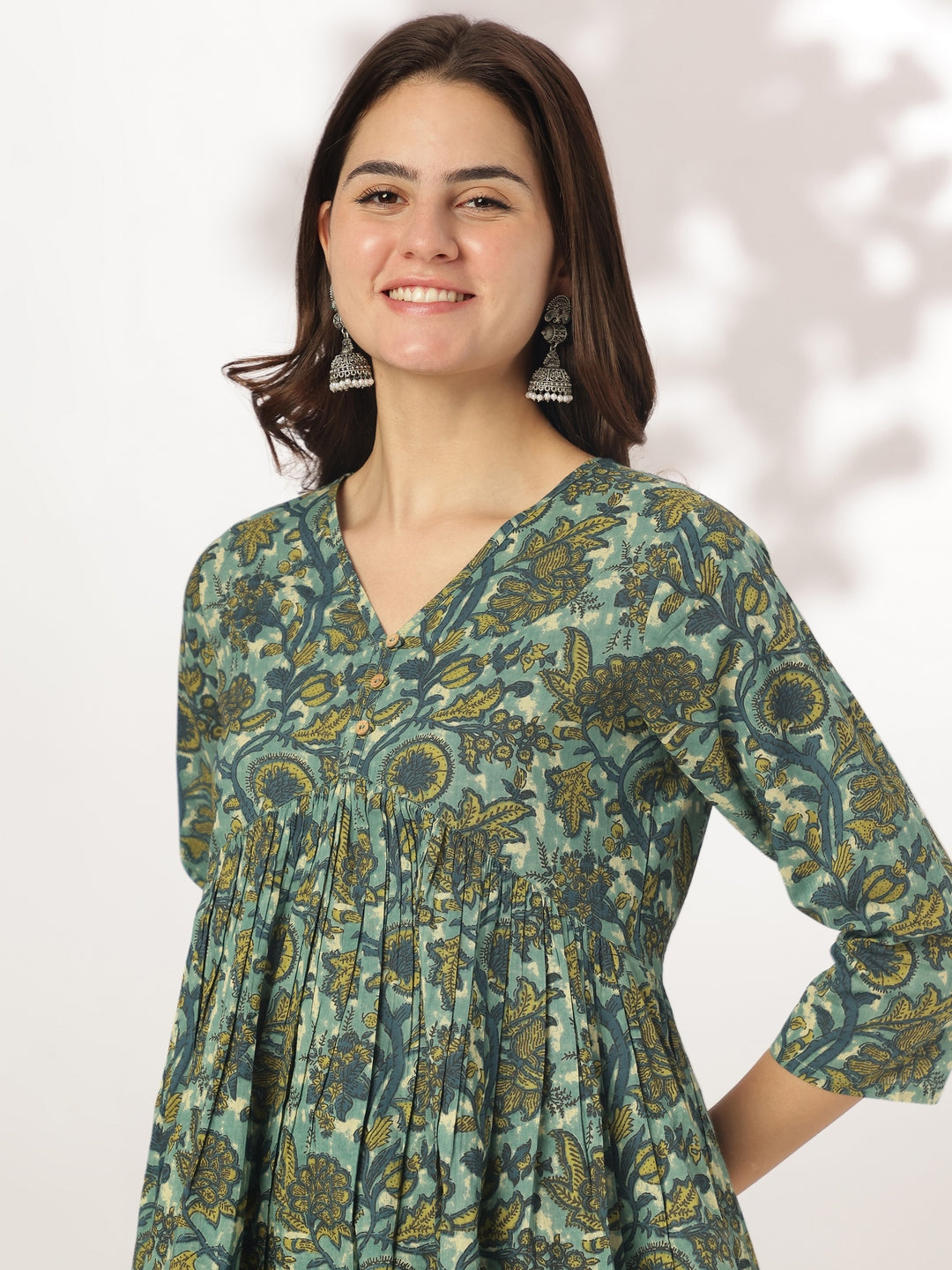 Janasya Dark Cotton Floral A-Line Kurta Set