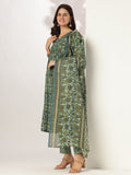 Janasya Dark Cotton Floral A-Line Kurta Set